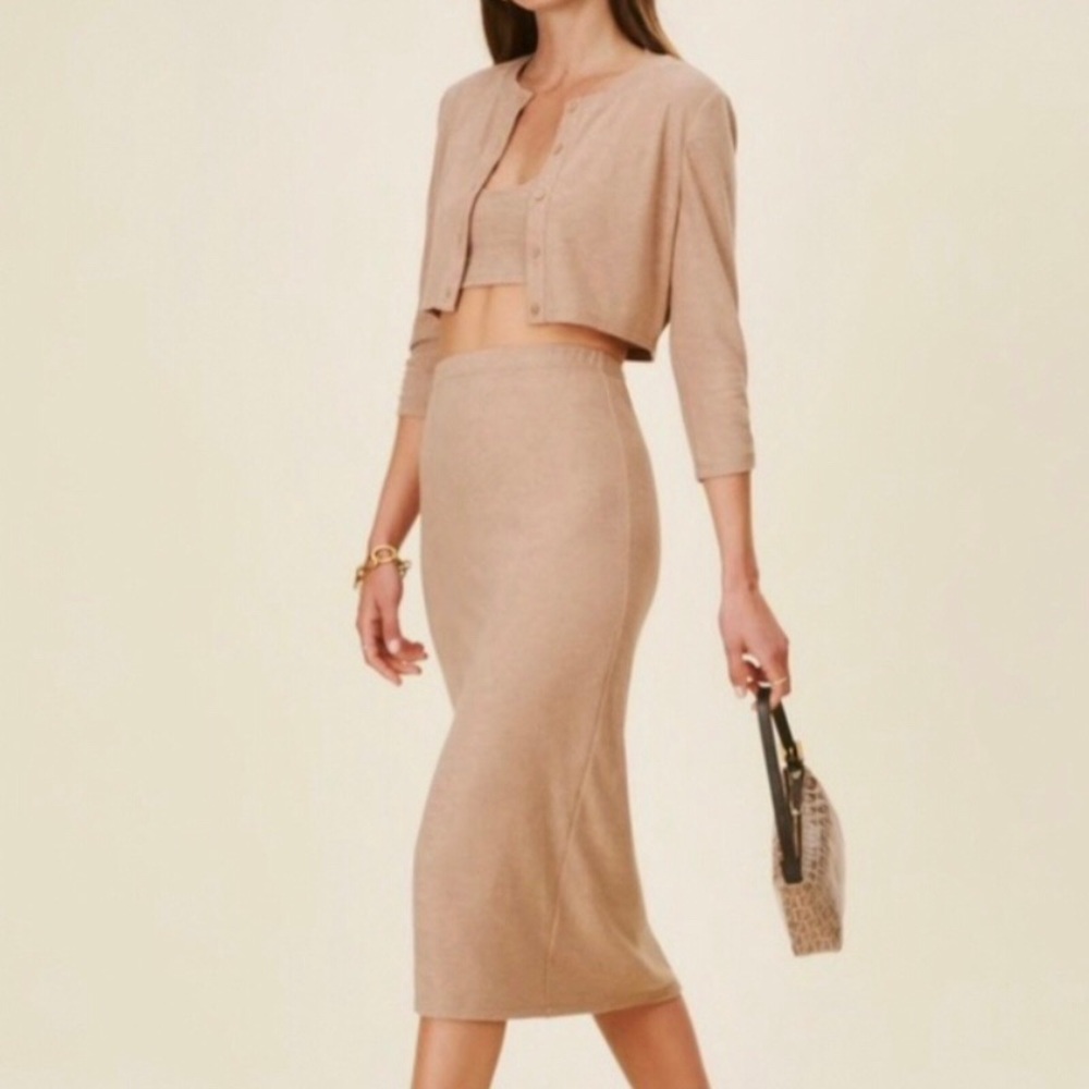 Reformation - Janice Knitted Cardigan, Camisole and Midi Skirt Set Tan Size XS